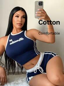 SHEIN SXY 女款字母印花飾邊短版背心與短褲兩件套 - 彩色 - 查看 1