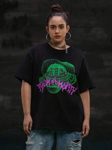 Rick and Morty X SHEIN 大码时尚字母与图形图案黑色针织宽松休闲棉质 T 恤，轻盈透气，适合夏季 - 黑色 - 查看 3