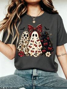EMERY ROSE Halloween Ghost T-Shirt, Women's Halloween T-Shirt, Ghost Print T-Shirt - Dark Grey - View 1