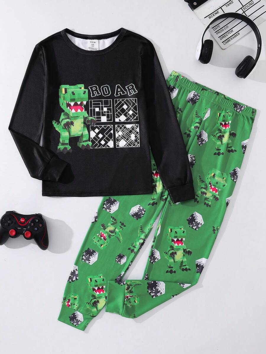 SHEIN Set Piyama Anak Laki-Laki Remaja Pas Badan Motif Dinosaurus Blok Warna Leher Bulat Lengan Panjang Celana Panjang Kasual Nyaman 2 Potong - MultiWarna - View 1