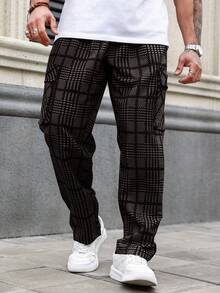 Manfinity Homme 男士大尺碼休閒通勤格紋工裝長褲 - 棕色 - 查看 3