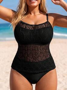 Swim Lushoire ملابس سباحة كروشيه شبكية سوداء بمقاسات كبيرة، سروال سفلي بخصر عالي وقصة عالية، مجموعة بيكيني تنحيف للعطلات والشاطئ - الأسود - مشاهدة 4