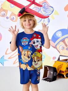 SHEIN | PAW Patrol 卡通印花圆领短袖T恤和短裤休闲套装，适合小男孩 - 藏蓝色 - 查看 3