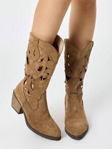 ROMWE Fairycore Women's Brown Western Boots, Pointed V-Cut Thick Heel Embroidered Boots, Low Heel Clogs, Zip Knight Boots And Ankle Boots Spring Shoes - Brown. Hollow. - View 3