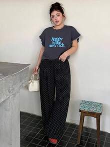 Dazy Plus 彈性腰寬鬆寬腿長褲裙 春夏百搭 大尺碼女款休閒長褲 - 黑色 - 查看 3