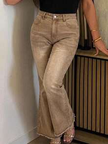 Dazy Plus Elastic Washed Distressed Wrap Flare Long Girls Denim Jeans All Season - Khaki - View 4