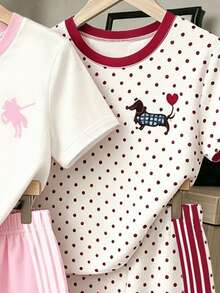 1 Set Random Girls Fresh Fashion Polka Dot Puppy Bow Pattern Basic Short T-Shirt And Shorts Set - Multicolor - View 5
