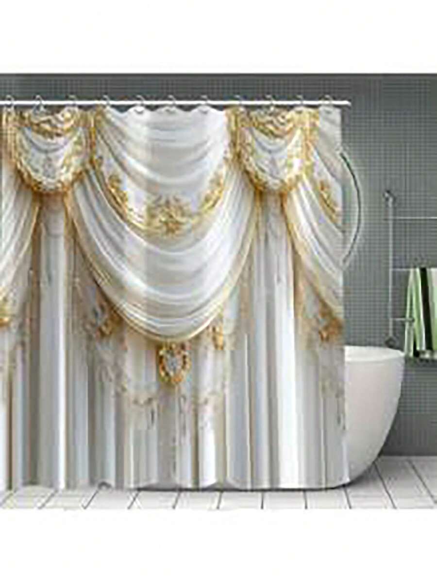 Elegant 3D LuxuryDrapery Design Shower Curtain With Hooks, Water-Resistant Polyester Blend, Non-Woven Graphic Pattern, Arts Theme Bathroom Decor, Machine Washable - Multicolor - View 1