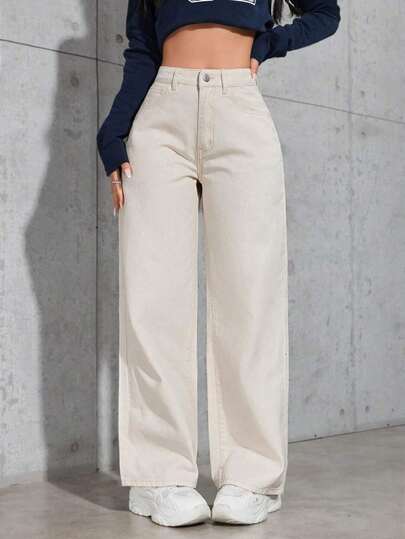 SHEIN PETITE Jeans de mezclilla de color liso casual para uso diario Y2k, para mujeres de talla pequeña