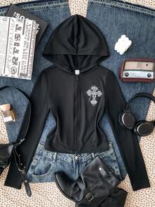 SHEIN Tween女孩長袖連帽T恤 秋冬款 印花圖案街頭風上衣 - 黑色 - 查看 2