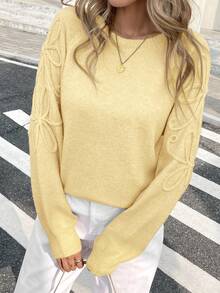 Serisse 女款圓領純色休閒百搭日常穿著長袖針織衫 - 淡黃色 - 查看 3