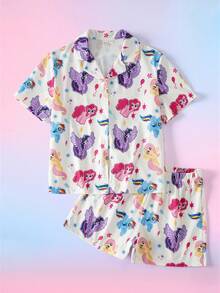 My Little Pony X SHEIN 青少年女孩卡通印花單排扣短袖上衣與短褲居家服套裝 - 白色 - 查看 1