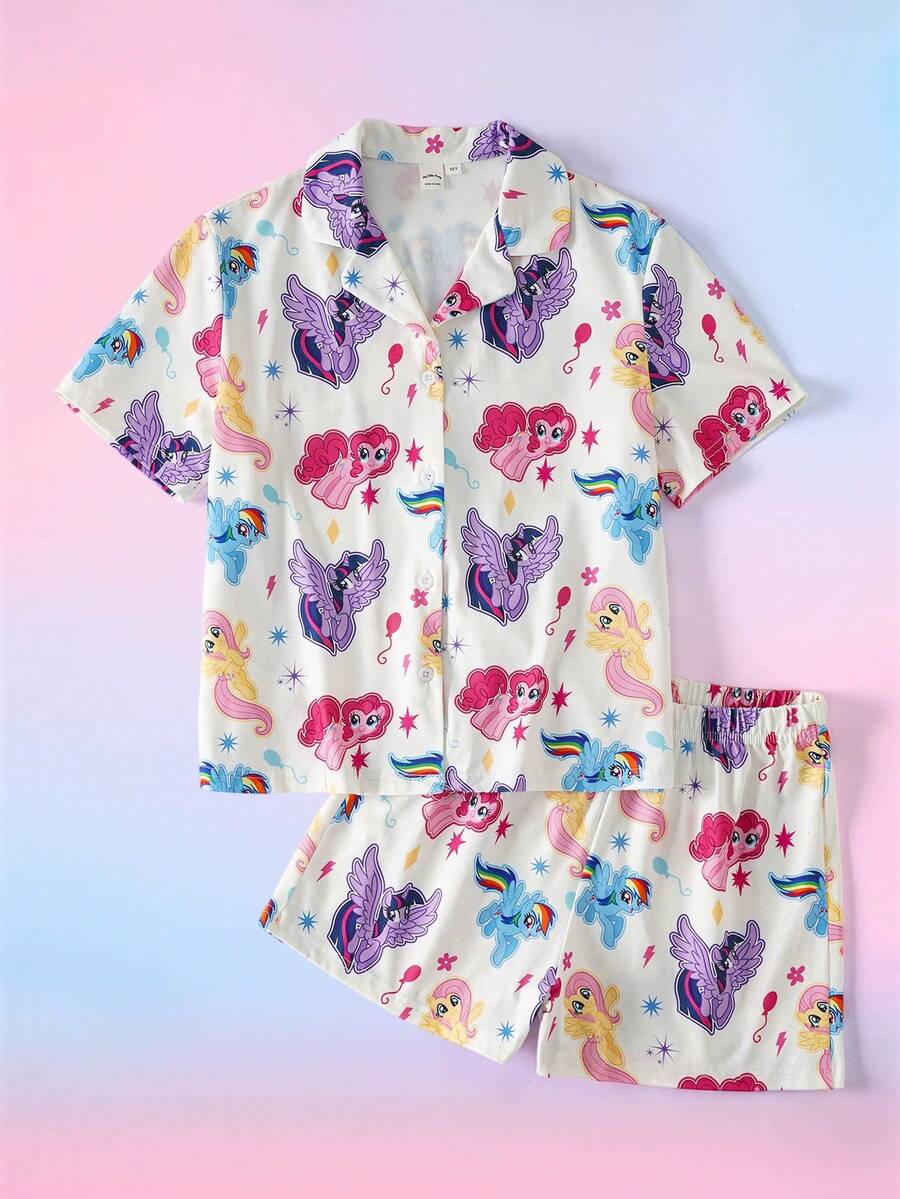 My Little Pony X SHEIN 青少年女孩卡通印花單排扣短袖上衣與短褲居家服套裝 - 白色 - 查看 1