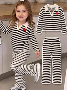 SHEIN Baby Girl Knitted Striped Collar Casual T-Shirt And Long Pants 2 Pieces Set - Black and White - View 4