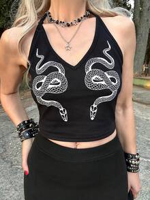 Goth ROMWE X Lorella Snake Printed Neck Hanging Lady's Bodycon Waist Cinched Camisole - Black - View 5