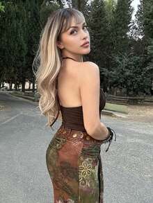 Grunge Punk ROMWE X Lorella Contrast Lace Halter Top - Chocolate Brown - View 2