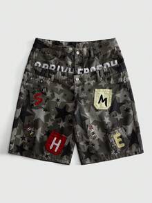ROMWE MEN 男士雙腰帶刺繡圖案寬鬆迷彩牛仔短褲 - 彩色 - 查看 1