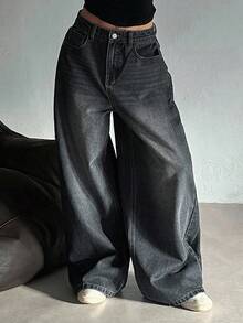 Dazy Plus Blogger Casual Loose Wide Leg Jeans Streetwear Versatile All Season Long Pants Fall - Black - View 1