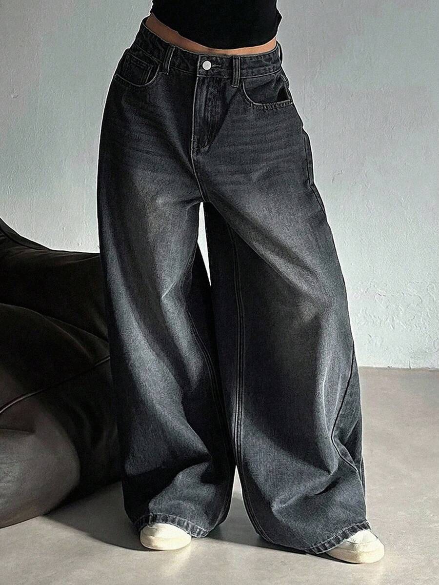 Dazy Plus Blogger Casual Loose Wide Leg Jeans Streetwear Versatile All Season Long Pants Fall - Black - View 1