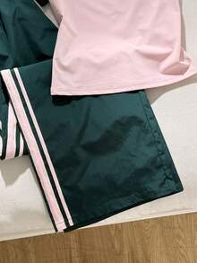 SHEIN 青少年女孩休閒日常百搭舒適圓領短袖T恤與長褲套裝 - 彩色 - 查看 5