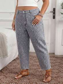 Breezaya Plus Size Women Leopard Print Pocket Button Casual Versatile Daily Wear Denim Jeans - Multicolor - View 4