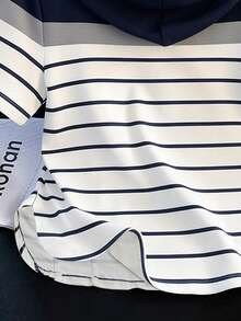 Resyla Hoodie Lengan Pendek Bergaris dengan Resleting Setengah, Desain Baru Musim Semi/Panas, Atasan Kasual Asimetris - MultiWarna - View 5
