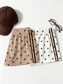Tween Girl Elastic Waist Polka Dot Print Casual Shorts - Multicolor - View 4