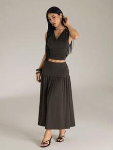 SHEIN PETITE 女款純色垂領背心上衣與裙子時尚兩件套 - 棕色 - 查看 4