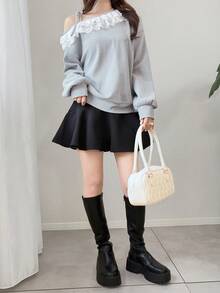 FRIFUL Women's Early Autumn New Korean Style Asymmetric Neck Lace Trim Tie-Up Patchwork Sweatshirt - Grey - View 6