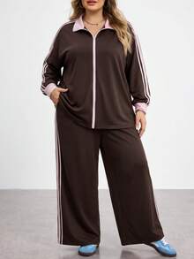 SHEIN CURVE+ Sporty Chocolate Brown Webbing Zipper Placket Sweatshirt Autumn 2026 Plus Size 22W Back To School Vacation Active Fall - Brown - View 9