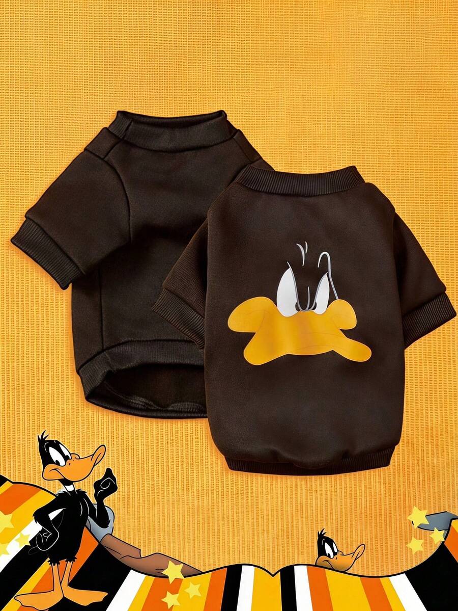 LOONEY TUNES X PETSIN 1件小黑色鴨子臉印花寵物衣(不含帽子),厚實保暖秋冬穿著,聚酯纖維面料,防跳蚤、不易掉毛、耐熱、透氣,適用於貓狗,室內外皆可用 - 黑色 - 查看 1
