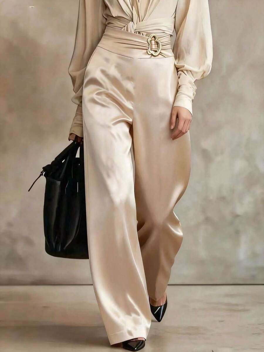 Franclia 女款夏季緞面寬腿長褲,香檳金冬季優雅用餐休閒時尚褲,金屬扣飾,商務辦公穿著,通勤穿著 - 香檳色 - 查看 1