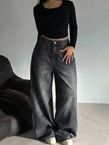 Dazy Plus Blogger Casual Loose Wide Leg Jeans Streetwear Versatile All Season Long Pants Fall - Black - View 2