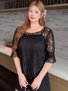 Bijouette Plus Size Black Lace Square Neck Puff Sleeve Blouse Ruffle Cuffs Ruched Slim Fit Women Slimming Versatile Elegant Brunch Birthday Summer - Black - View 6