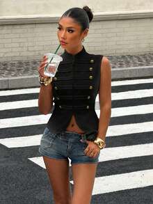 Muchica Women's Street Fashion Double-Breasted Decorative Zipper Vest - Black - View 6