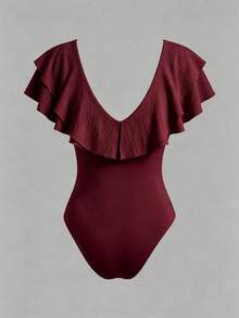Rafferiza Women's Solid Color Ruffle Collar Fitted Elegant Bodysuit - Burgundy - View 2