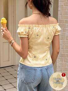 SHEIN PariChic Women's Floral Print Ruffle Trim Cold Shoulder Front Tie Short Sleeve Top Going Out Brunch Vacation Pale Yellow Summer Y2k Cottagecore Romantic - Yellow - View 2