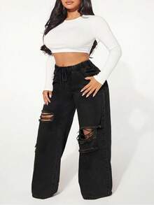 SHEIN SXY Plus Size Casual Washed Distressed Wide Leg Jeans - Black - View 4