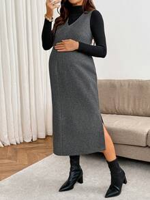 SHEIN Gaun Tanpa Lengan Hamil Warna Polos Leher V dengan Belahan Samping di Bagian Bawah - Dark Grey - View 2