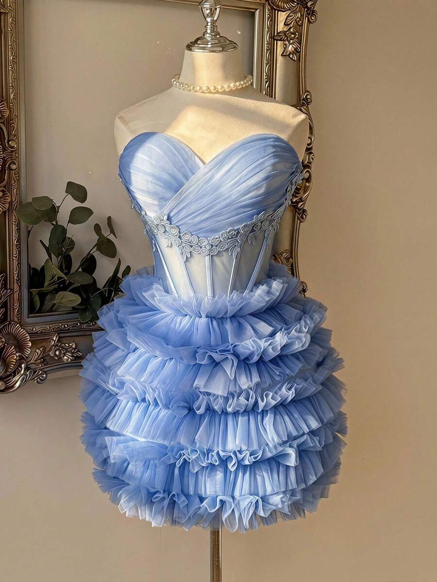 Lovelzi Elegant Princess Blue Satin Sweetheart Strapless Lace Applique Embroidered Corset Boned Tiered Ruffle Tulle Mini A-Line Dress Prom Homecoming Party