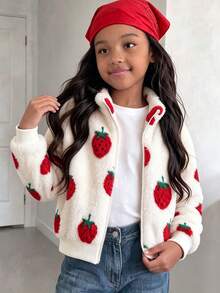 Elladie kids 1件少女甜美可愛草莓拉鍊立領加厚抓絨外套，適合春秋冬季日常休閒出遊 - 紅色 - 查看 3
