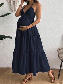 Cheriluna Maternity Comfortable Halter Neck Backless Maternity Dress - Navy Blue - View 5
