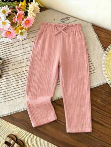 SHEIN 女小童蓮花粉色素色簡約風和時尚鬆動舒服休閒長褲適合夏天度假 - 藕粉色 - 查看 8