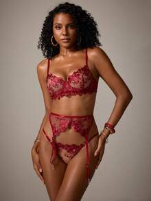 DreamPoppy 1 Set 3pcs Wine Red Lace Lingerie, Comfortable Bra With Underwire, Garter Belt And Panties, Date Night - Red - View 5