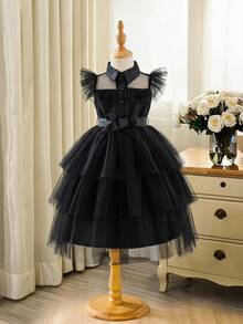 SHEIN Glamorique Kids Chica Joven Vestido ribete con fruncido de malla bajo a capas - Negro - Ver 1