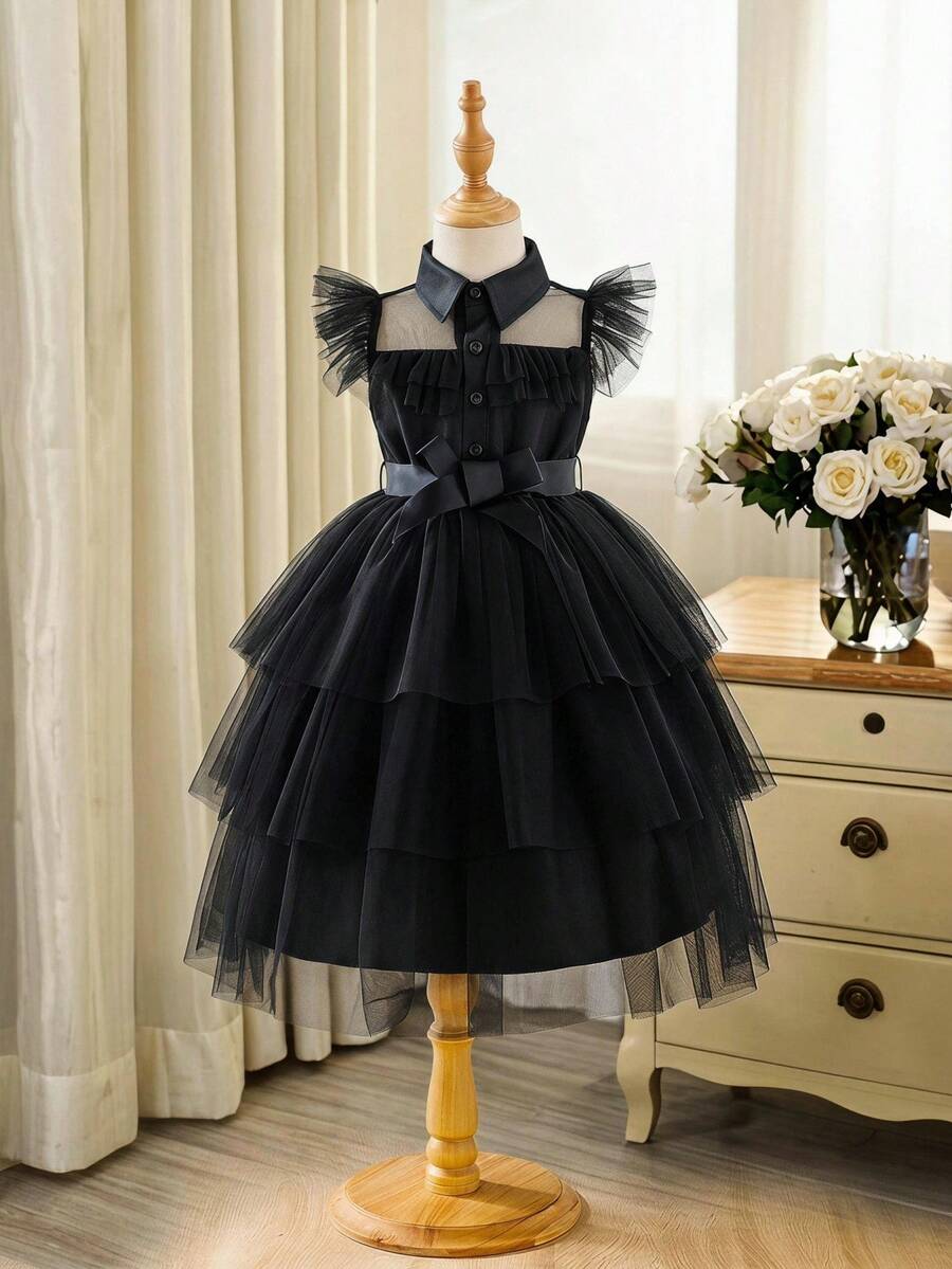 SHEIN Glamorique Kids Chica Joven Vestido ribete con fruncido de malla bajo a capas - Negro - Ver 1