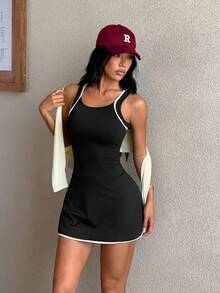 Dewbera Dewbera Women's Colorblock Trim Sleeveless Athletic Sporty Modest Dress Gym Black And White Summer - Black - View 3
