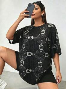 BamGleam Plus Size Women's All-Over Print Crew Neck Short Sleeve T-Shirt Music Festivals Black White Summer 90s Casual Going Out Formal - Black - View 7