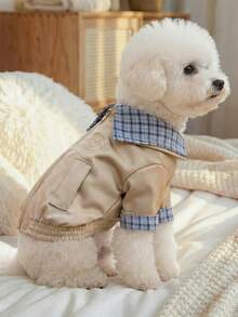 PETSIN 1pc Khaki Plaid Lapel Pet Pilot Jacket, Blue Plaid Fake Two Pieces Lapel Letter P Embroidered Zipper Windproof Jacket, Small Cat And Dog Casual Commuting Clothes - Khaki - View 5
