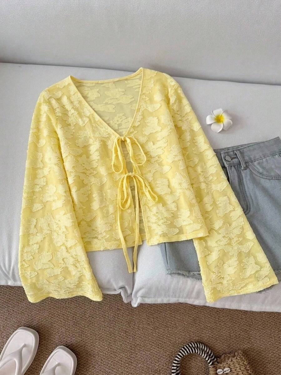 SHEIN LUNE 純色寬鬆喇叭袖綁腰上衣,奶油黃秋季上衣 - 黃色 - 查看 1
